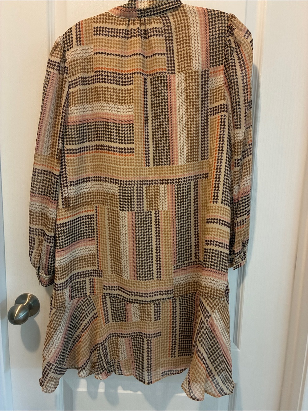 LOFT Beige Plaid Long Sleeve Tie-Neck Dress with Pink & Black Stripes - Picture 5 of 5